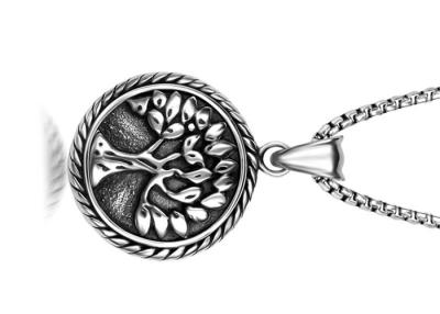 China Vintage Stainless Steel Pendant Necklace , Peaceful Tree Pattern Round Pendant Necklace for sale