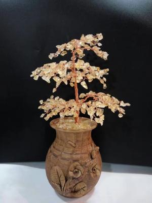 China Variegated Quartz Gemstone Wire Bonsai Tree Of Life Sculpture In Silver Rough Stone Sprayed Wood Pot for sale