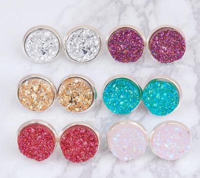 China Multicolored Gold Druzy Stud Earrings Round Shaped Gold Plated Solar Quartz Dyed for sale