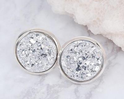 China Natural Silver White Druzy Stud Earrings 6mm 8mm Real Sterling Silver Plated  For Women for sale