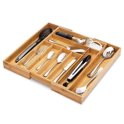 China Amazon Viable Supplier Adjustable Tray For Custom Wholesale Bamboo Kitchen Cutlery Tray Drawer Organizer Cutlery for sale