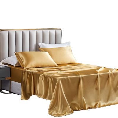 China Anti-Static Gold Color Artificial Silk Satin Bedding Set Polyester Soft Silky Queen Size Sheet Set Luxury Polyester Duvet Cover for sale