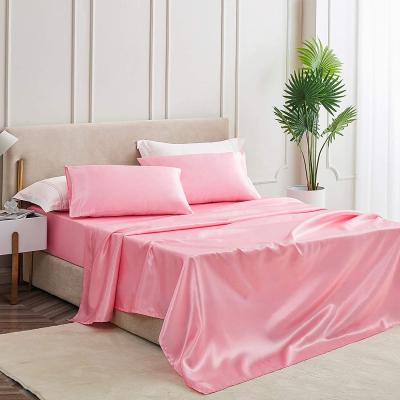 China Soft Dreams Satin Bedding Sheet Anti-Static Pillowcase Sets Deep Pocket Rich Silky Super Soft Luxury Pink Color Queen for sale