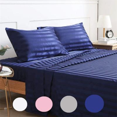 China Anti-Static Satin Polyester Jacquard Bedding Sheet Set Navy Deep Pocket 1800 Series Rich Silky Super Soft Luxury Solid Color for sale