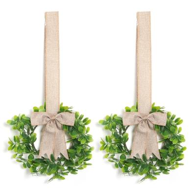 China Handmade Hot Selling 2 Pcs Hanging Boxwood With Green Leaves Buffalo Plaid Bow Ribbon Cabinet Braid For Kitchen Farmhouse Decors for sale