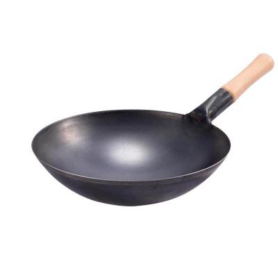 China Viable Pre-Seasoned Black Steel Wok Pan With Welded Wooden Handle Stir-fry Wok for sale