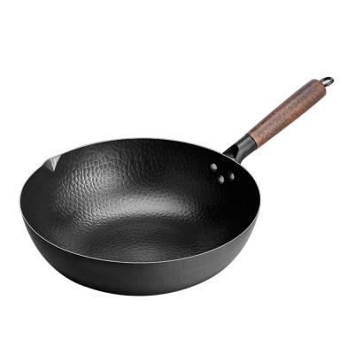 China Viable Fish Scales Shape Black Carbon Steel Hand Hammered Wok Prisoner Of War Wok Pan With Beech Wooden Handle for sale