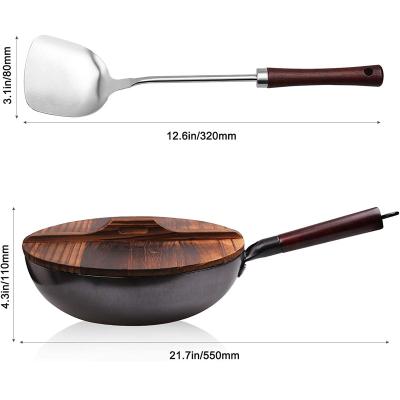 China Durable 16 Inch Heavy Hand Hammered Carbon Steel Wok Set With Wood Handle (Round Bottom) for sale