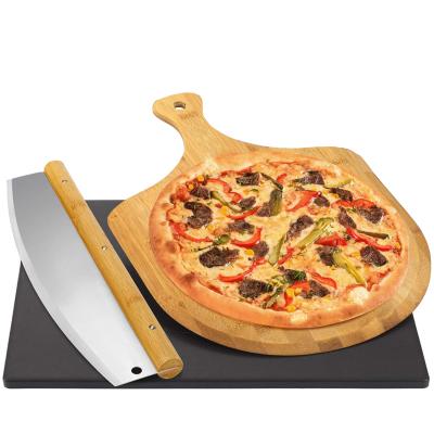 China Sustainable Cordierite Pizza Stone Set Oven Cooking Tools Durability Baking With Pizza Peel And Bamboo Pizza Cutter for sale