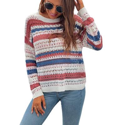 China Anti-wrinkle Women's Sweaters 2021 Plus Size Breathable Color Stripe Splicing Hollow Knitted Pullover Sweaters for sale