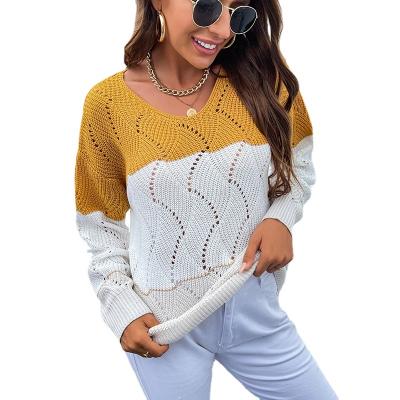 China 2021 Anti-wrinkle 100% Acrylic Hollow Out Knitwear Striped Color Blocking Pullover Sweater Woman for sale