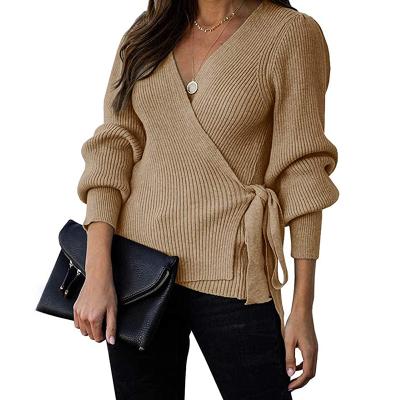 China 2021 New Slim Fit Anti-wrinkle Ladies Belt Pullover V-Neck Cross-Wrapped Knitted Sweater for sale