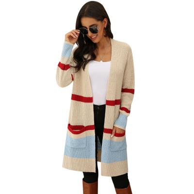 China Anti-wrinkle 2021 fall and winter fashion pockets striped color blocking cardigan sweater woman for sale