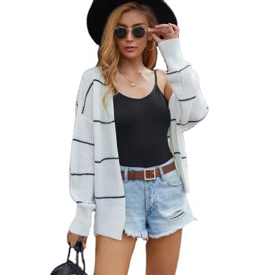 China 2021 New Anti-wrinkle Women's Knitwear Loose Short Striped Ladies Knitting Cardigan Sweater Tops for sale