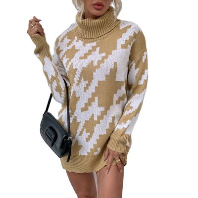 China Anti-wrinkle Autumn/Winter Mid Length Stitching Colors Knitted Sweater Turtle Neck Crochet Dress For Women for sale