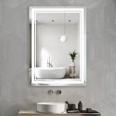 China Fashion 28x20 Inch LED Illuminated Smart Bathroom Mirror With Dimmable Control Fog Light Smart Memory for sale