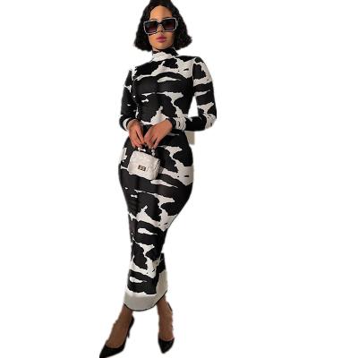 China QUICK DRY Turtle Neck Full Sleeve Printed Color Fitness Long Midi Dress 2021 Women Fashion Streetwear for sale