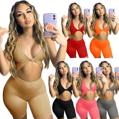 China Waterproof Deep V-Neck Deep Hollow Out Solid Color One Piece Jumpsuit Shorts Women's Bodycon Yoga GYM Equipment Shorts Overalls for sale