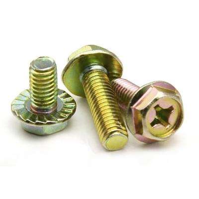 China Steel Low Price Yellow Zinc Coated Cross Slot Hex Head Flange Bolts With Serration for sale