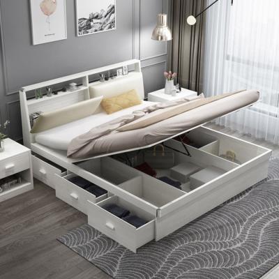 China Wooden Durable Modern White Solid Plywood Furniture Double Bed With Storage for sale