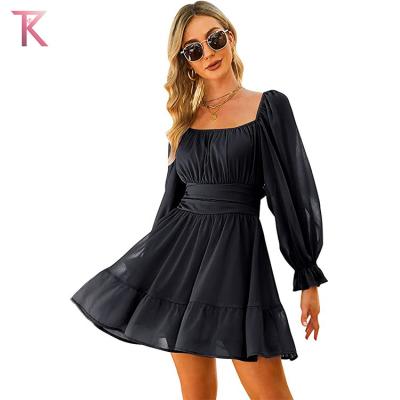 China European and American Women's Long Sleeves Chiffon Anti-Static Ruched Back Slim Dress Mid Square Collar for sale