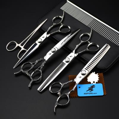 China NEPURLson 7 Inch Viable Sliver 4 Scissors Pet Sets Shaped Scissors Pet Dense Grooming Teeth Scissors Set for sale