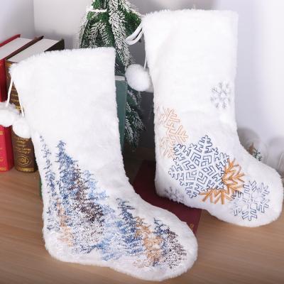 China Luxury White Plush Christmas Hanging Stocking Ornaments Hanging Socks Candy Gift Bag Sack Decorations Christmas Stocking For Embroidery for sale