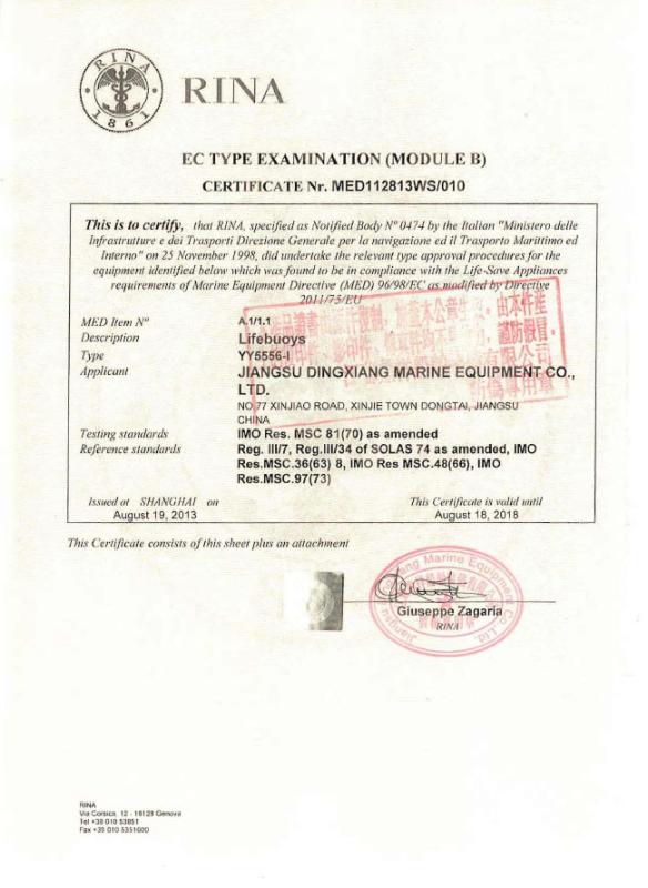 RINA Registro Italiano Navale Certificate - Shanghai Zhiyou Marine & Offshore Equipment Co.,Ltd.