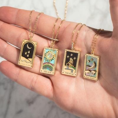 China Long Colour Keeping Lucky Tarot Cards Jewelry 18k Gold Plated Sun Moon Star Zircon Good Fortune Tarot Enamel Pendant Choker Necklaces for Women for sale