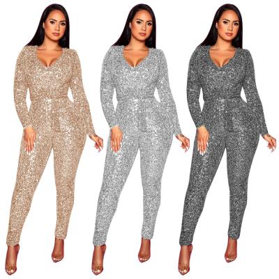 China LLDRESS Breathable Hot Sale Solid-color Long Sleeve Sequin V-Neckline Plus Size Women Long Jumpsuit With Belt for sale