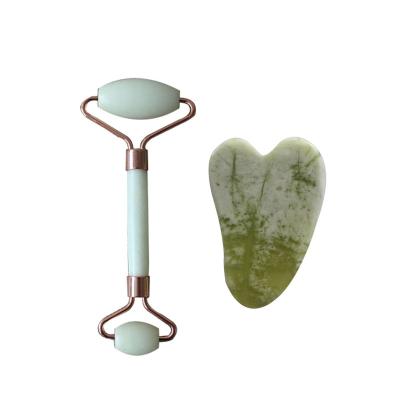 China Whitening Quality Assurance Green and Yellow Green 100% Natural Fashionable Jade and Long Lasting Gua Sha Roller Facial Massager Set for Face for sale