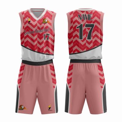 China Breathable Pink White Color Polyester Girls Shorts Quick Dry Pockets Sublimated Design Custom Logo Printing Mens Basketball Team Uniform Sets for sale