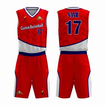 China Breathable Quick Dry Red Elastic Waist Printing High Mesh Polyester Fabric Sublimated Logo OEM Custom Design For Men Basketball Uniform Sets for sale