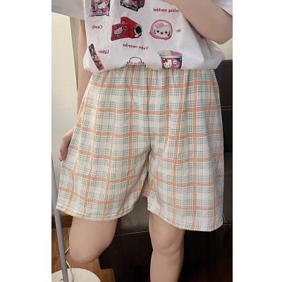 China Breathable Blue plaid printed short pajama pants, women's shorts with loose and comfortable waistband,plaid pajama pants for sale