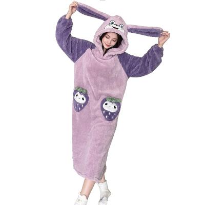 China Thermal Hooded and fluffy nightdress female autumn and winter students cartoon cute coral velvet warm over the knee dress home wear Kore for sale