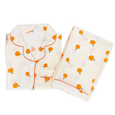 China Breathable Spring and summer pajamas ladies cute little orange pattern cardigan top short sleeve plus 9 points pants two sets for sale