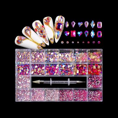 China Non Hot-fix rhinestone nail wholesale 21 grids packed rhinestone sets flat back glass rhinestone for nail decoration for sale