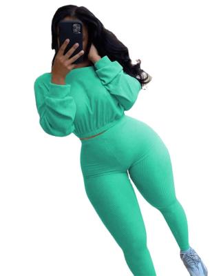 China Sexy Lady Outfits Tracksuit Rib Long Sleeve Tops Plus Size Leggings Anti-UV Pants Autumn Women Clothing Yoga Two Piece Set for sale