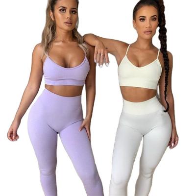 China Solid Color Anti-UV Hot Crop Clothing Women Summer Top Sexy Sports Yoga Equipment 2 Piece Pants Set for sale