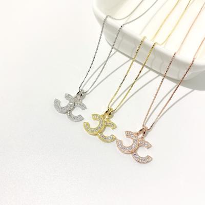 China Fashion letter cc necklace CLASSIC luxury jewelry 925 silver gold plated micro zirconia double c chain inlaid pendant necklace for sale