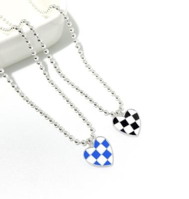 China S925 Sterling Silver Enamel Checkerboard Vintage Heart Pendant Necklace Jewelry Women for sale