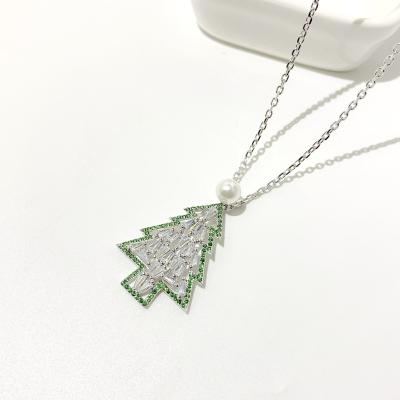 China 2022 S925 Sterling Silver Cubic Zirconia Christmas Tree Sweater Chain Pendant Necklace For Women Xmas Gifts for sale