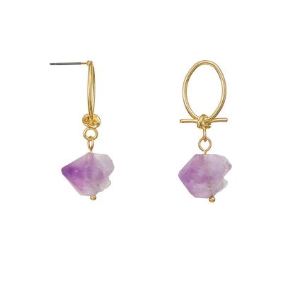 China 2022 Punk INS Jewelry Amethyst Quartz Rose Raw Quartz Circle Earrings Gemstone Chips Genuine Rough Crystal Healing Earrings for sale