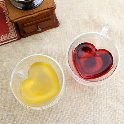 China Li Qing Factory Wholesale 180ml 240ml Viable Heart Shaped Double Wall Tea Glass Mug With Handle For Drinking for sale