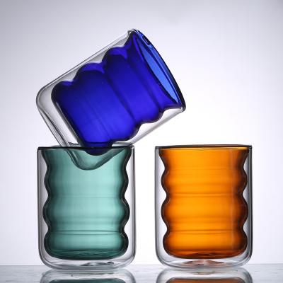 China Sustainable High Quality Amber Coffee Cup Green Blue Borosilicate Double Wall Glass for sale