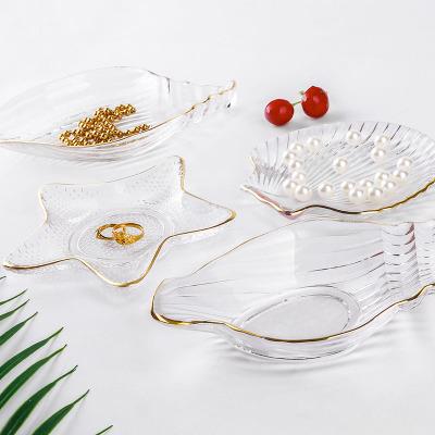 China Viable Glass Dish Small MOQ of Li Qing Shanghai Factory Wholesale Jewelry Fruit Dish Gold Rim Sea Features Shaped Crystal for sale