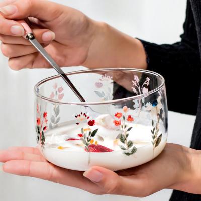 China Bright Borosilicate 680ml High Vivid Headroom Salad Dessert Glass Bowl With Fancy Flower Printing for sale