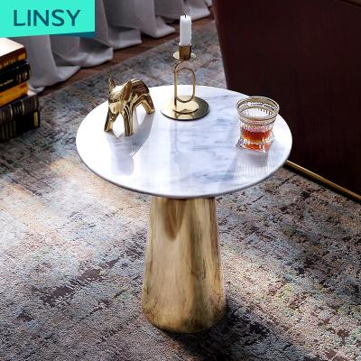 China Linsy Goods 1 Set Coffee Table Modern White Round Small Gold Marble Gold Luxury Stainless Steel Tea Table RBG1J for sale