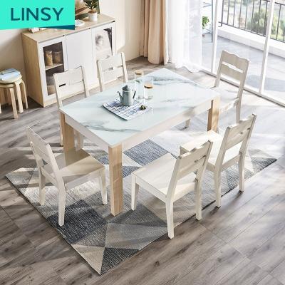 China Modern Dining Table and Chair Linsy Design Tempered Glass Home Artistic Home Marble Tempered Glass Dining Table for sale