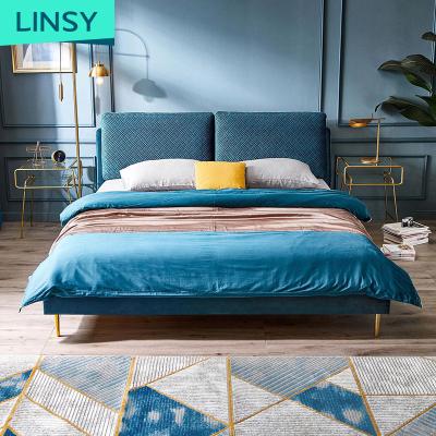 China Linsy Home Fashion Design Velvet Fabric Bed Modern Luxury Bedroom Furniture Soft Fabric Bed Double for sale